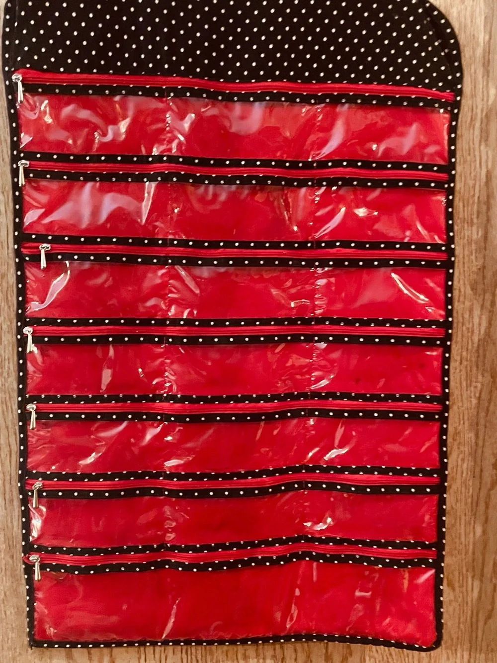 Red Polka-Trim Hanging Jewelry Organizer - Stylish Storage